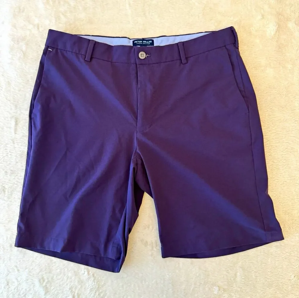Peter Millar Men's Purple Solid Chino Shorts Flat Front Button Closure